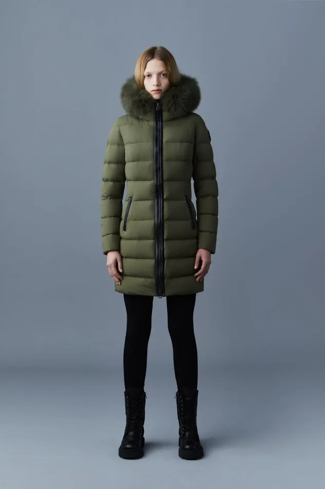 Puffers Women Mackage CALLA Agile360 Stretch Light Down Coat With Blue Fox Fur Collar Trench