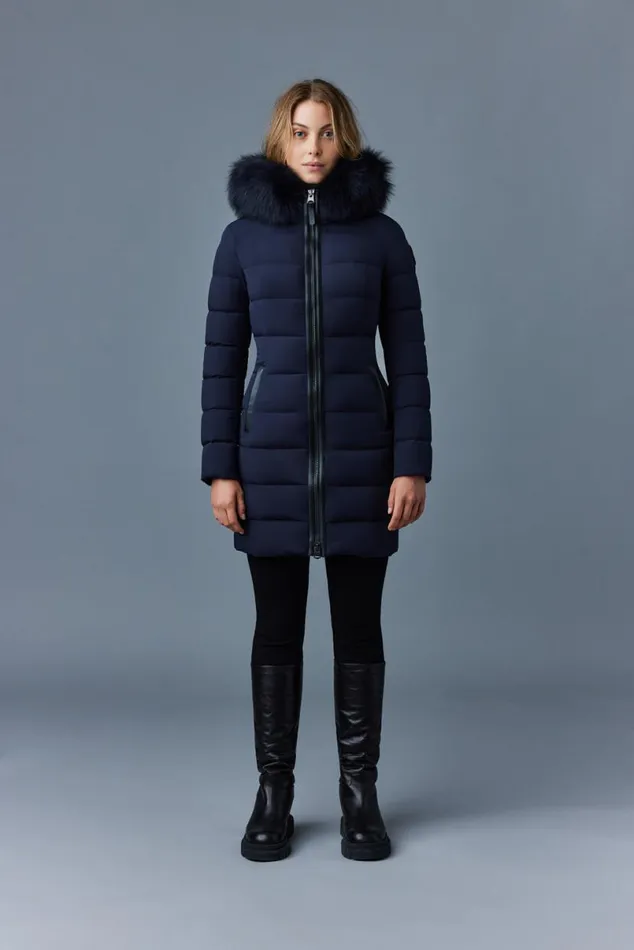 Puffers Women Mackage CALLA Agile360 Stretch Light Down Coat With Blue Fox Fur Collar Trench
