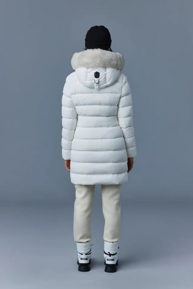 Puffers Women Mackage CALLA Agile360 Stretch Light Down Coat With Blue Fox Fur Collar Trench