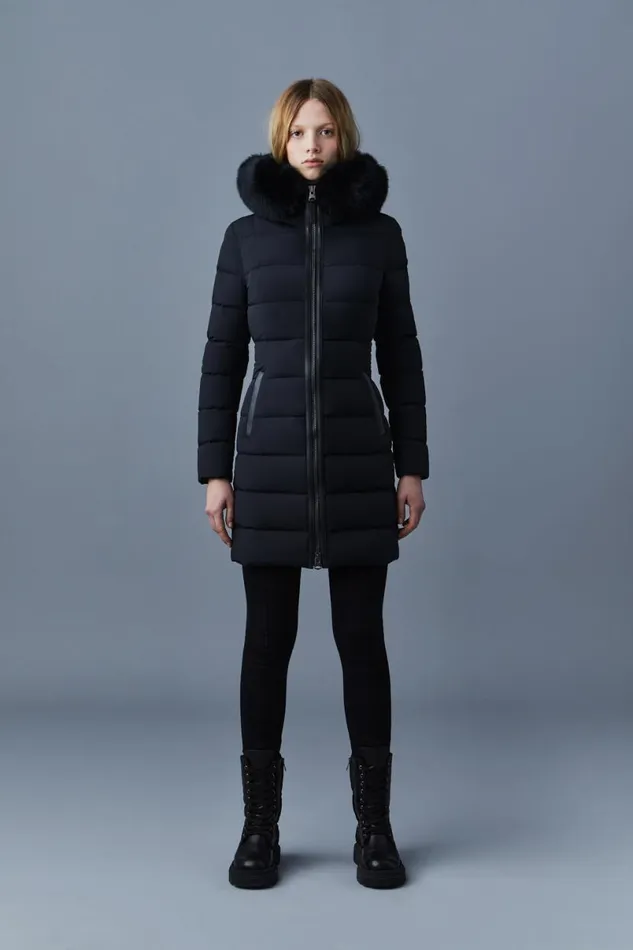 Puffers Women Mackage CALLA Agile360 Stretch Light Down Coat With Blue Fox Fur Collar Trench