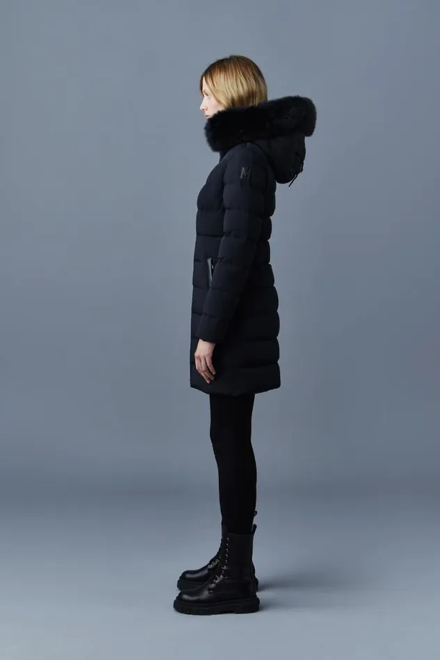Puffers Women Mackage CALLA Agile360 Stretch Light Down Coat With Blue Fox Fur Collar Trench