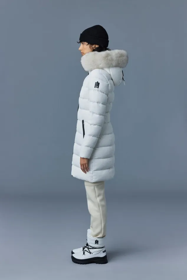 Puffers Women Mackage CALLA Agile360 Stretch Light Down Coat With Blue Fox Fur Collar Trench