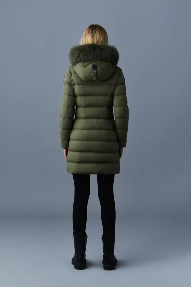 Puffers Women Mackage CALLA Agile360 Stretch Light Down Coat With Blue Fox Fur Collar Trench
