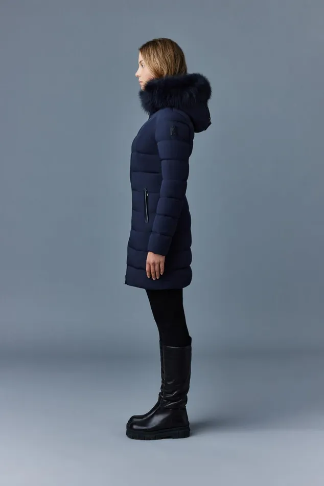 Puffers Women Mackage CALLA Agile360 Stretch Light Down Coat With Blue Fox Fur Collar Trench