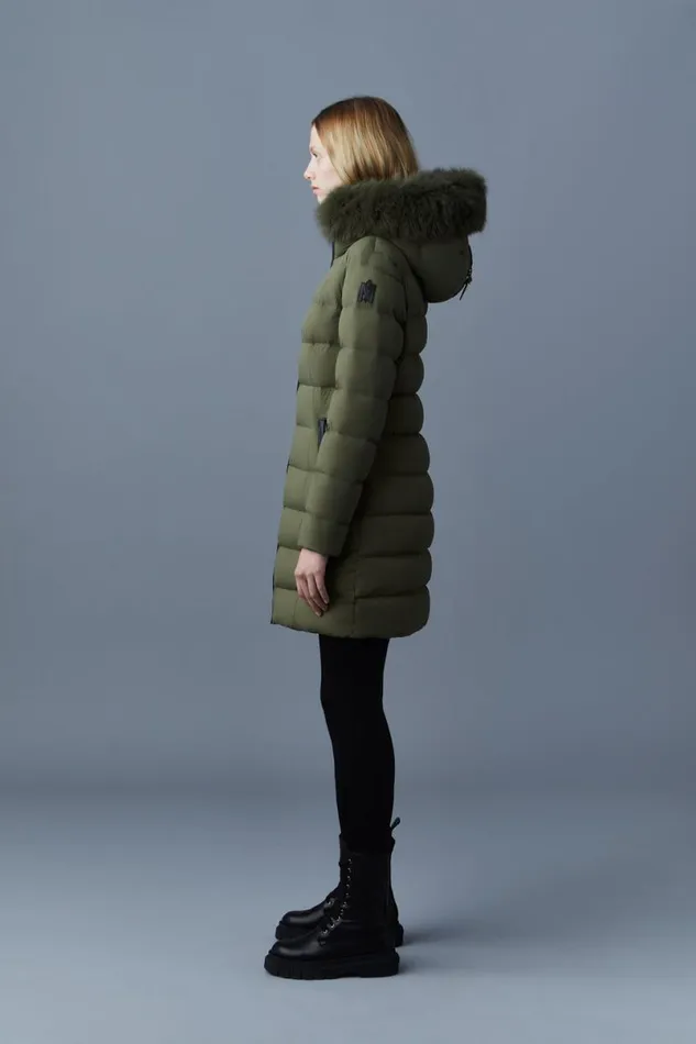 Puffers Women Mackage CALLA Agile360 Stretch Light Down Coat With Blue Fox Fur Collar Trench