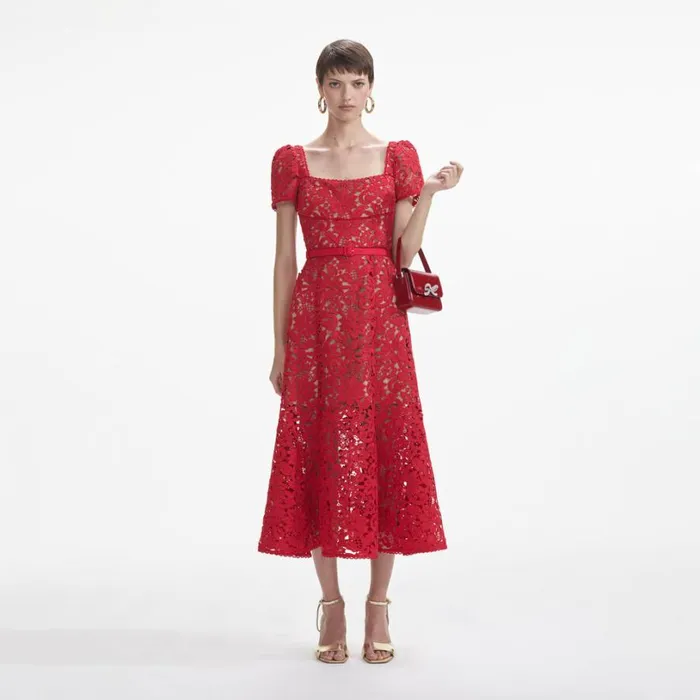 Red Floral Lace Midi Dress Women Self Portrait Dresses