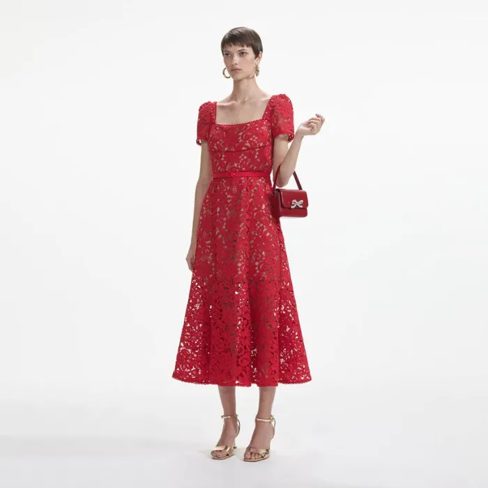 Red Floral Lace Midi Dress Women Self Portrait Dresses Red Floral Lace Midi Dress Women Self Portrait Dresses
