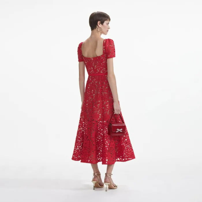 Red Floral Lace Midi Dress Women Self Portrait Dresses Red Floral Lace Midi Dress Women Self Portrait Dresses