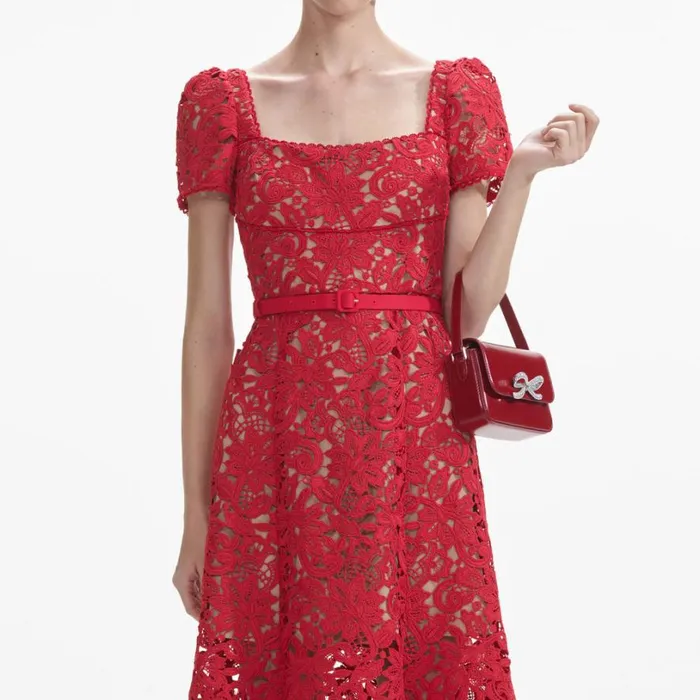 Red Floral Lace Midi Dress Women Self Portrait Dresses Red Floral Lace Midi Dress Women Self Portrait Dresses