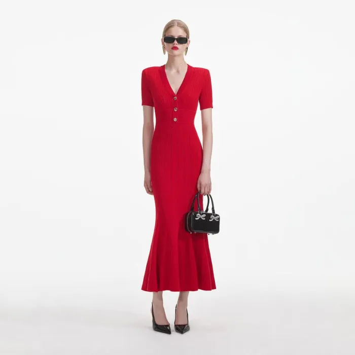 Red Pointelle Knit Midi Dress Women Self Portrait Dresses