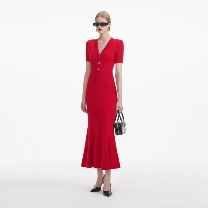 Red Pointelle Knit Midi Dress Women Self Portrait Dresses