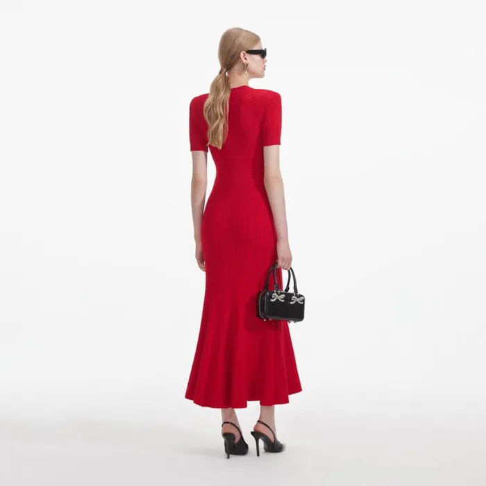 Red Pointelle Knit Midi Dress Women Self Portrait Dresses