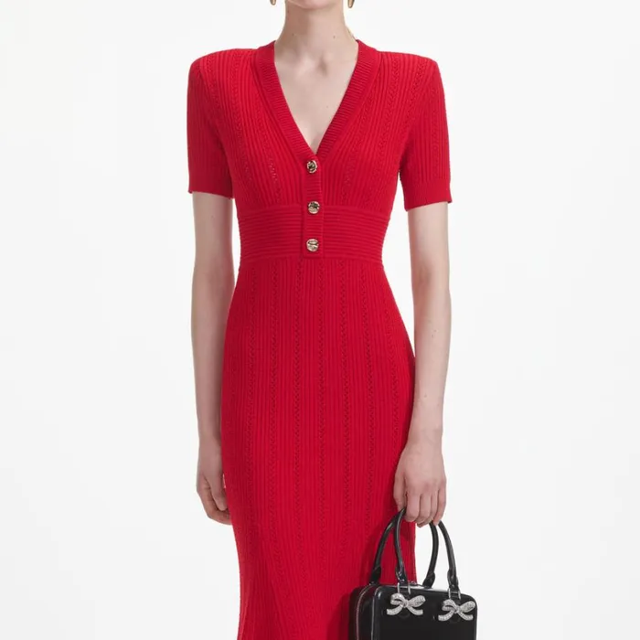 Red Pointelle Knit Midi Dress Women Self Portrait Dresses