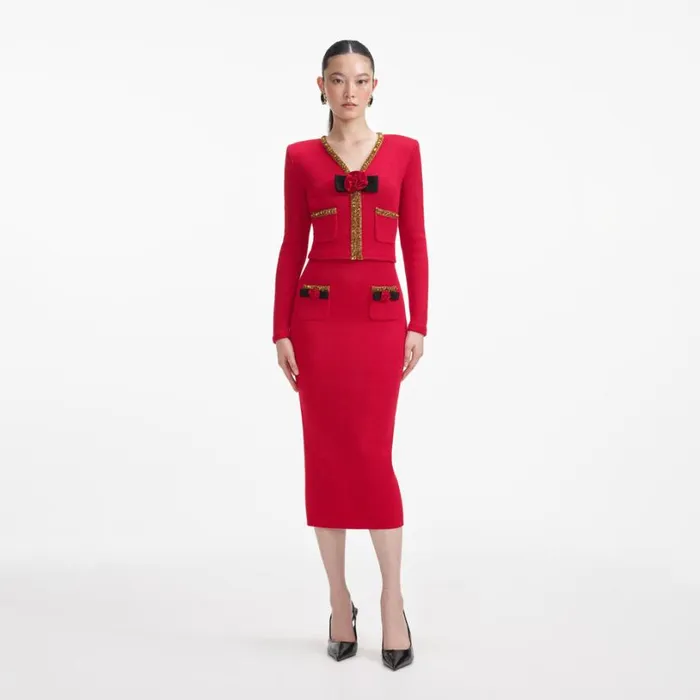Red Textured Knit Corsage Midi Skirt Women Self Portrait Knitwear