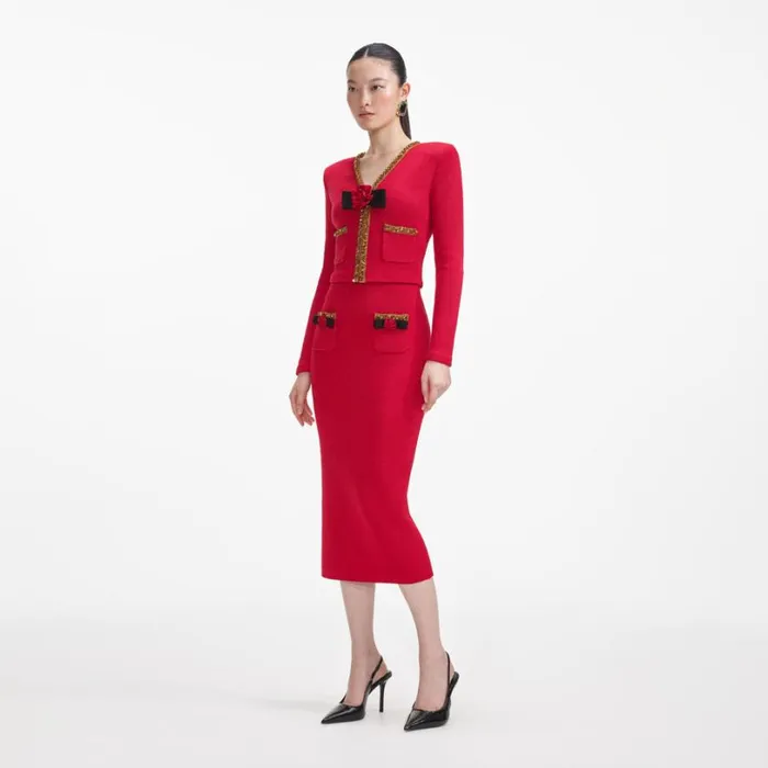 Red Textured Knit Corsage Midi Skirt Women Self Portrait Knitwear