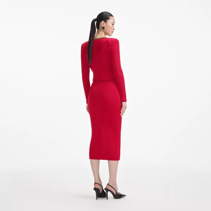 Red Textured Knit Corsage Midi Skirt Women Self Portrait Knitwear