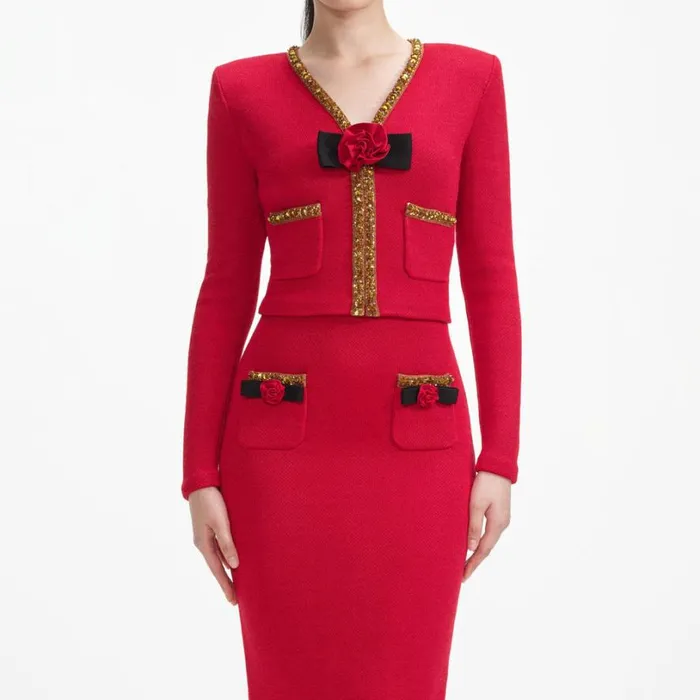 Red Textured Knit Corsage Midi Skirt Women Self Portrait Knitwear