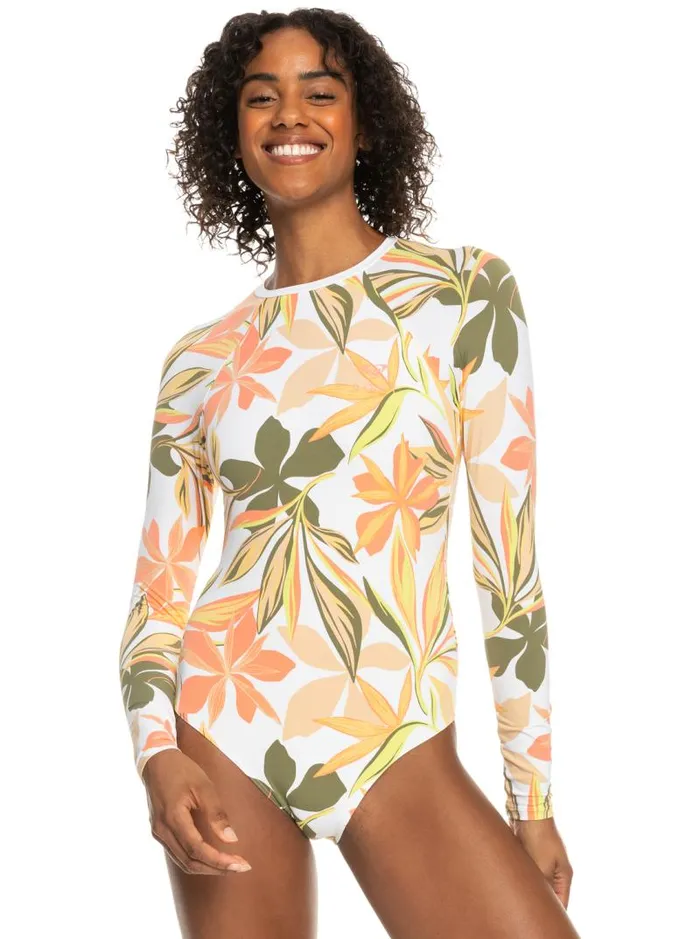 Roxy Rashguards Onesie Long Sleeve OnePiece Swimsuit Bright White Subtly Salty Flat 8211 Women
