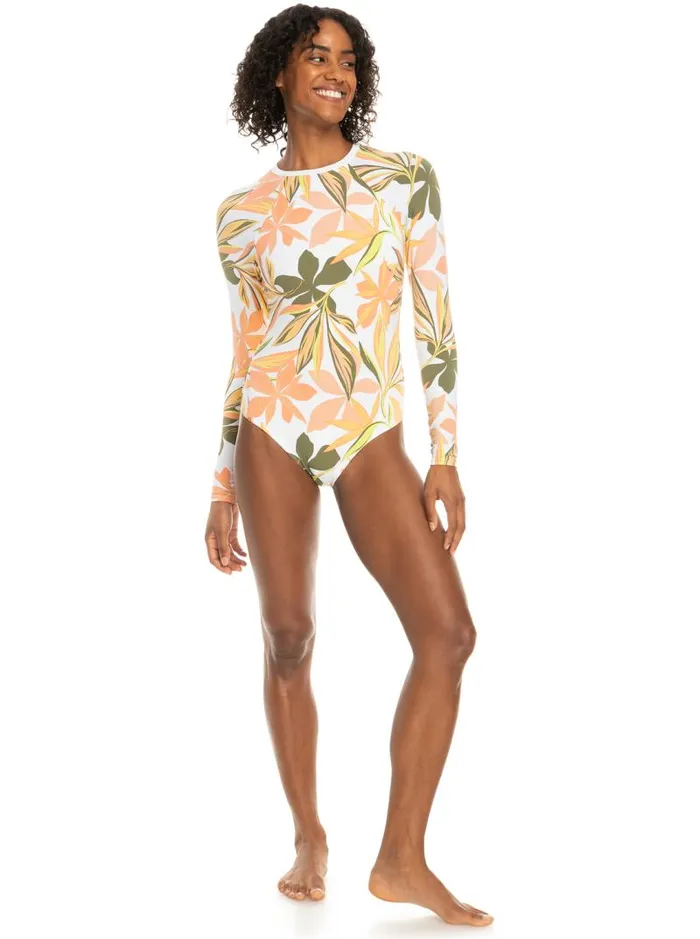 Roxy Rashguards Onesie Long Sleeve OnePiece Swimsuit Bright White Subtly Salty Flat 8211 Women