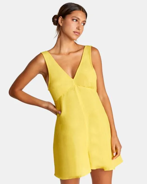 Rvca Linen Shifty Romper Gold Women Dresses and Rompers