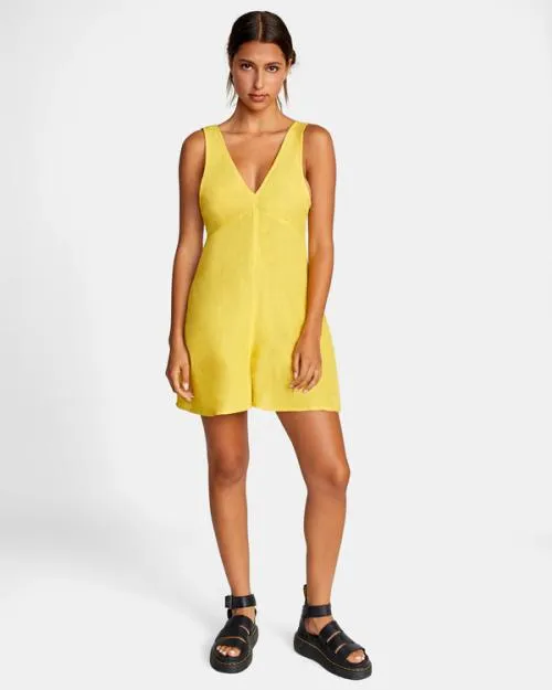 Rvca Linen Shifty Romper Gold Women Dresses and Rompers