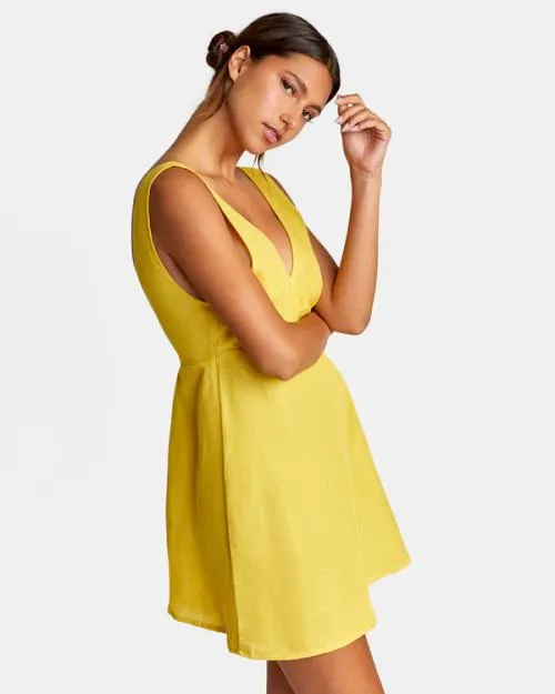 Rvca Linen Shifty Romper Gold Women Dresses and Rompers