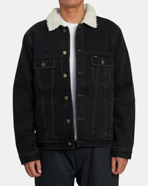 Rvca Waylon Denim Trucker Jacket Vintage Black Men Jackets