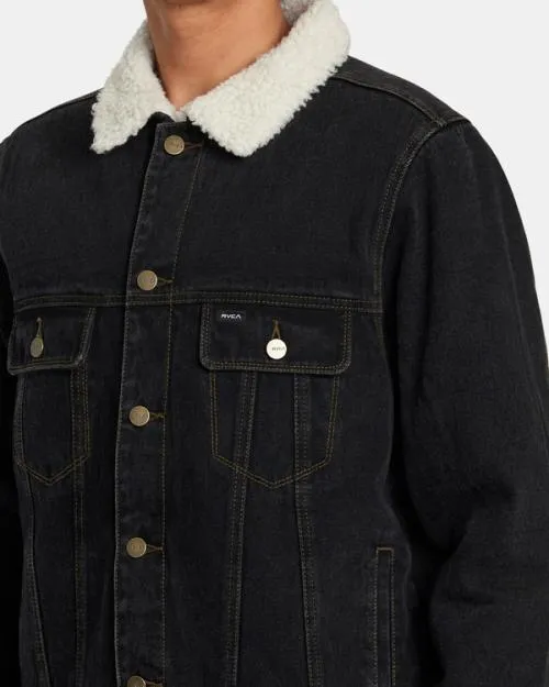 Rvca Waylon Denim Trucker Jacket Vintage Black Men Jackets