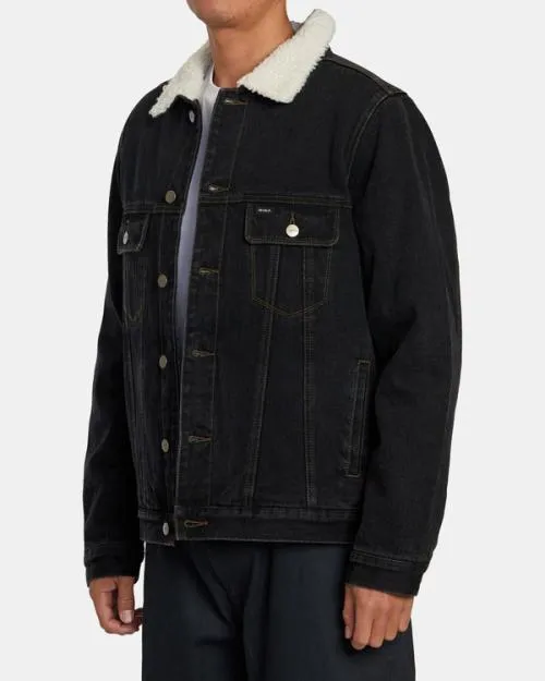 Rvca Waylon Denim Trucker Jacket Vintage Black Men Jackets