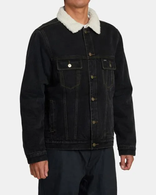 Rvca Waylon Denim Trucker Jacket Vintage Black Men Jackets