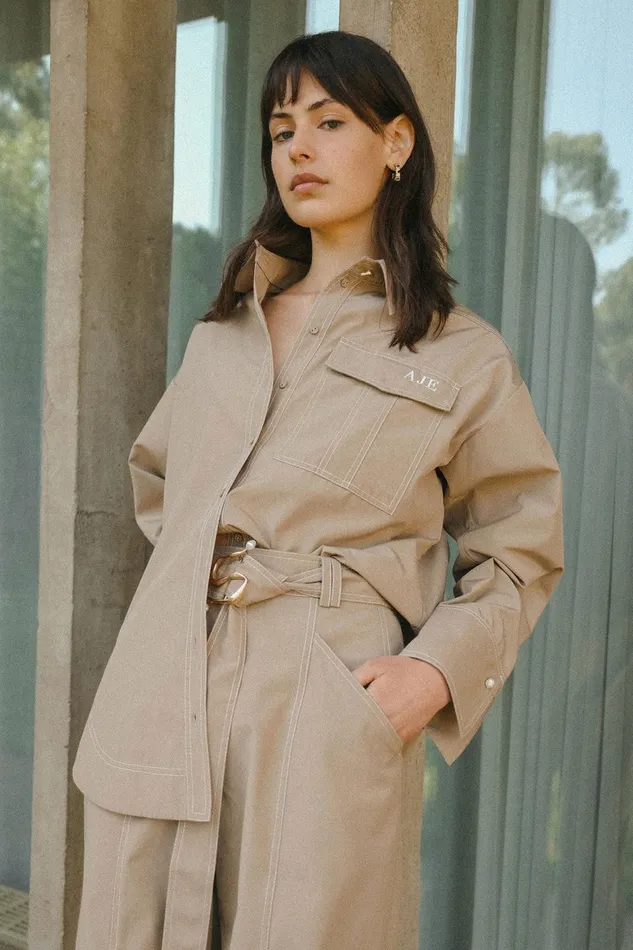 Satori Pearl Pin Shirt Taupe Grey Women Aje Tops