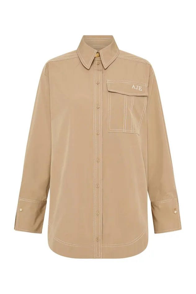Satori Pearl Pin Shirt Taupe Grey Women Aje Tops