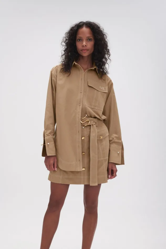 Satori Pearl Pin Shirt Taupe Grey Women Aje Tops