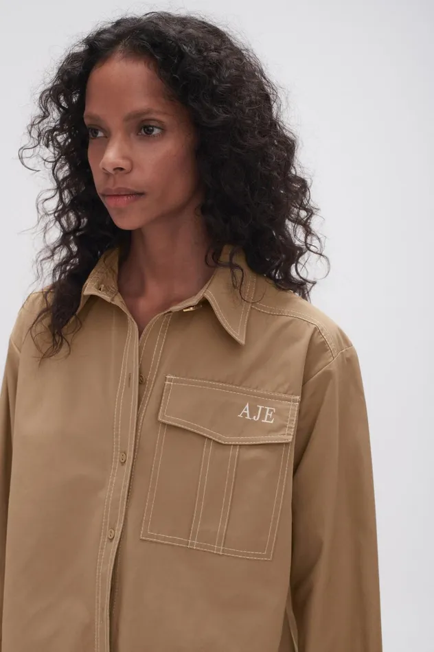 Satori Pearl Pin Shirt Taupe Grey Women Aje Tops