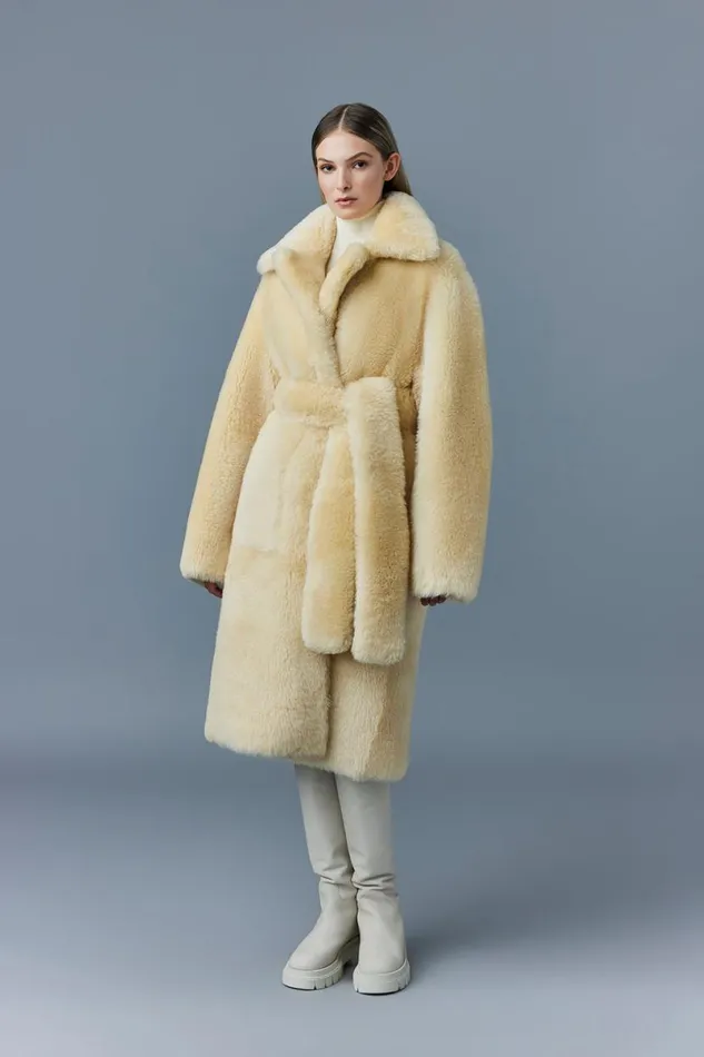Shearling Jackets Women Mackage ETIENNE Shearling Coat With Belt Ceramic