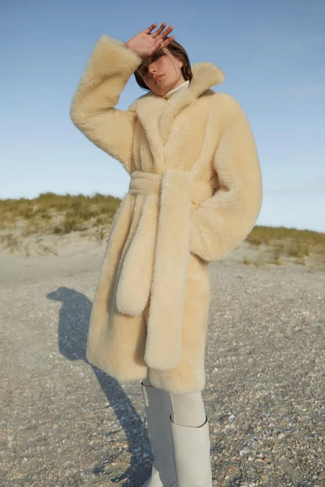Shearling Jackets Women Mackage ETIENNE Shearling Coat With Belt Ceramic