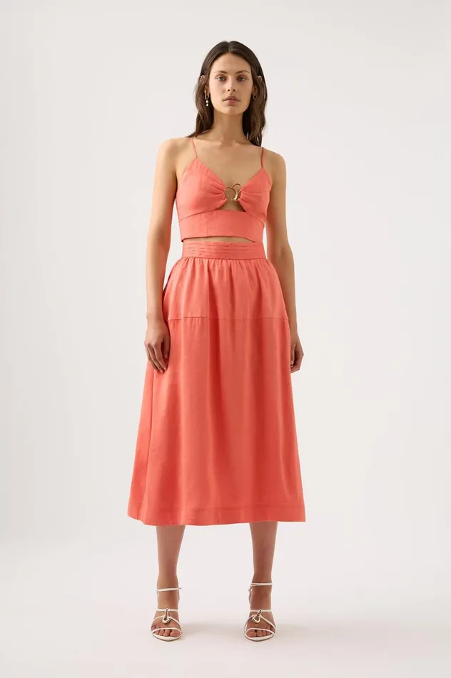 Shelly Flare Tuck Midi Skirt Coral Women Aje Skirts