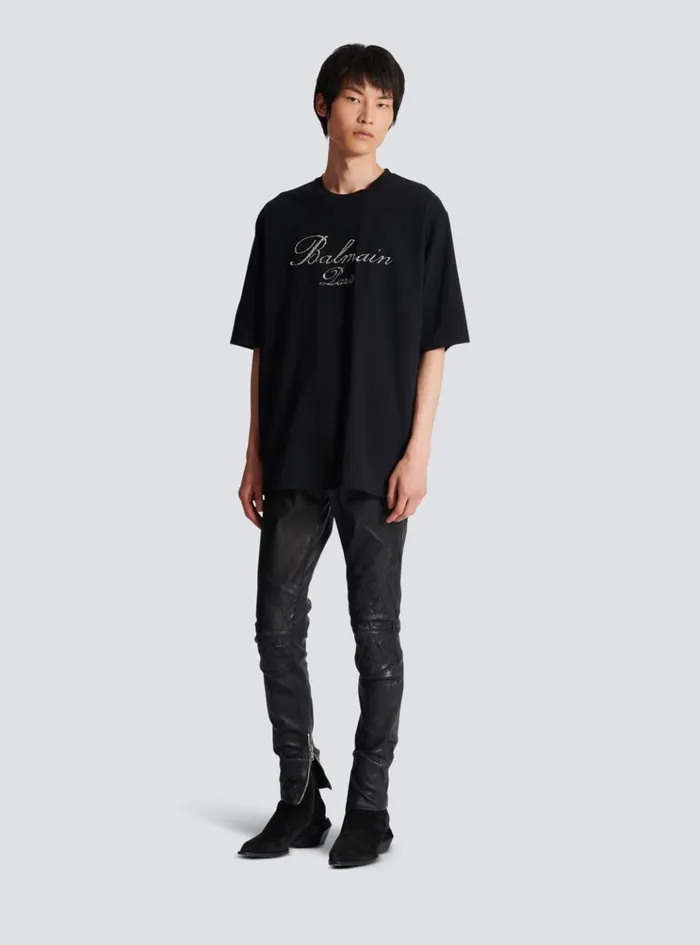 Signature Embroidered Tshirt Black Men Balmain TShirts