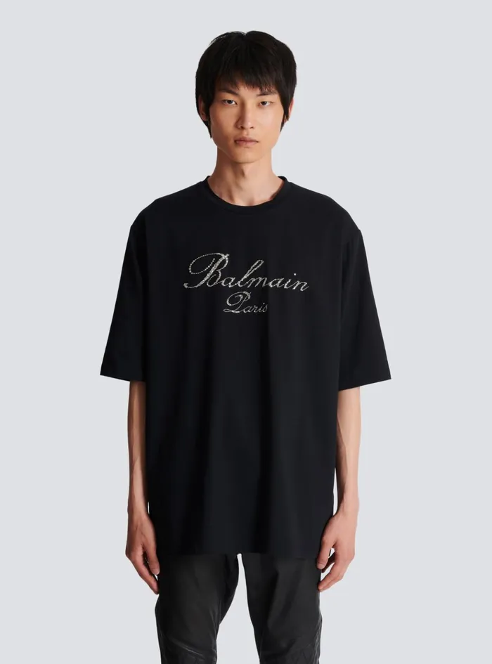 Signature Embroidered Tshirt Black Men Balmain TShirts