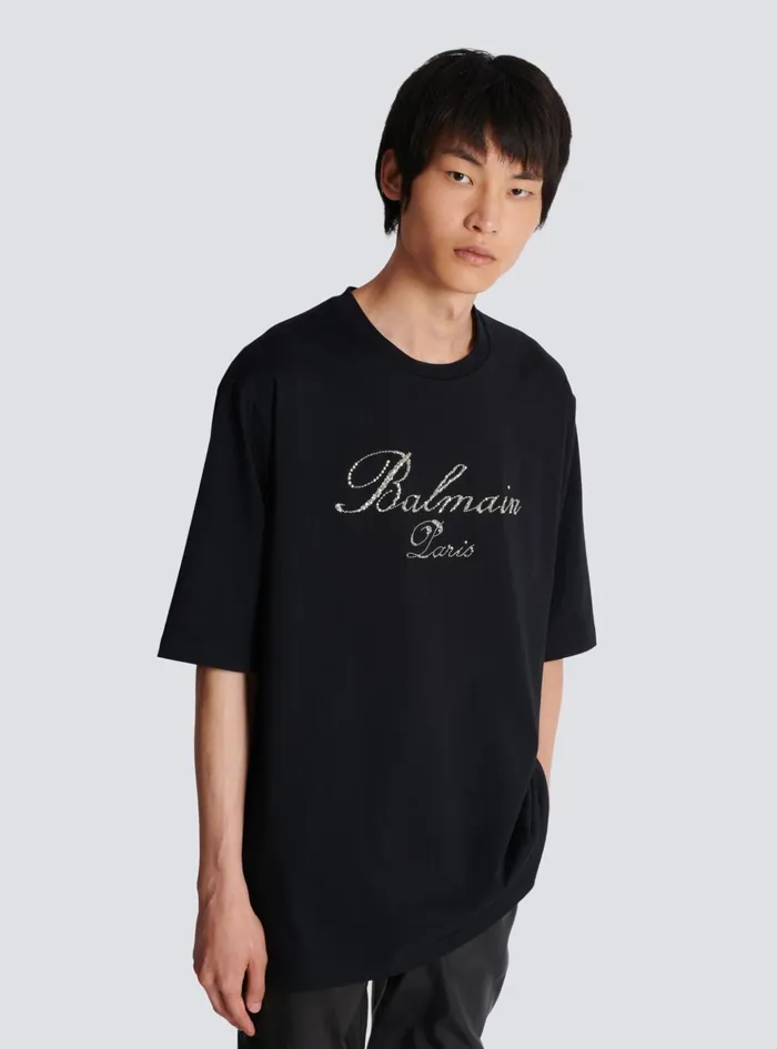 Signature Embroidered Tshirt Black Men Balmain TShirts