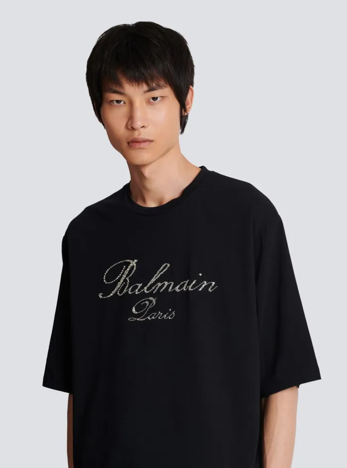 Signature Embroidered Tshirt Black Men Balmain TShirts