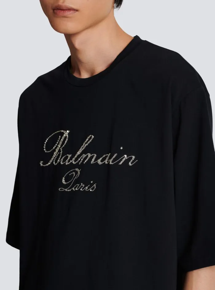 Signature Embroidered Tshirt Black Men Balmain TShirts