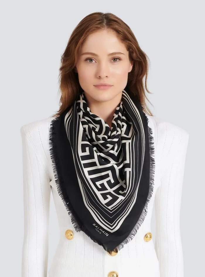 Silk Monogrammed Scarf Black Women Balmain Scarves