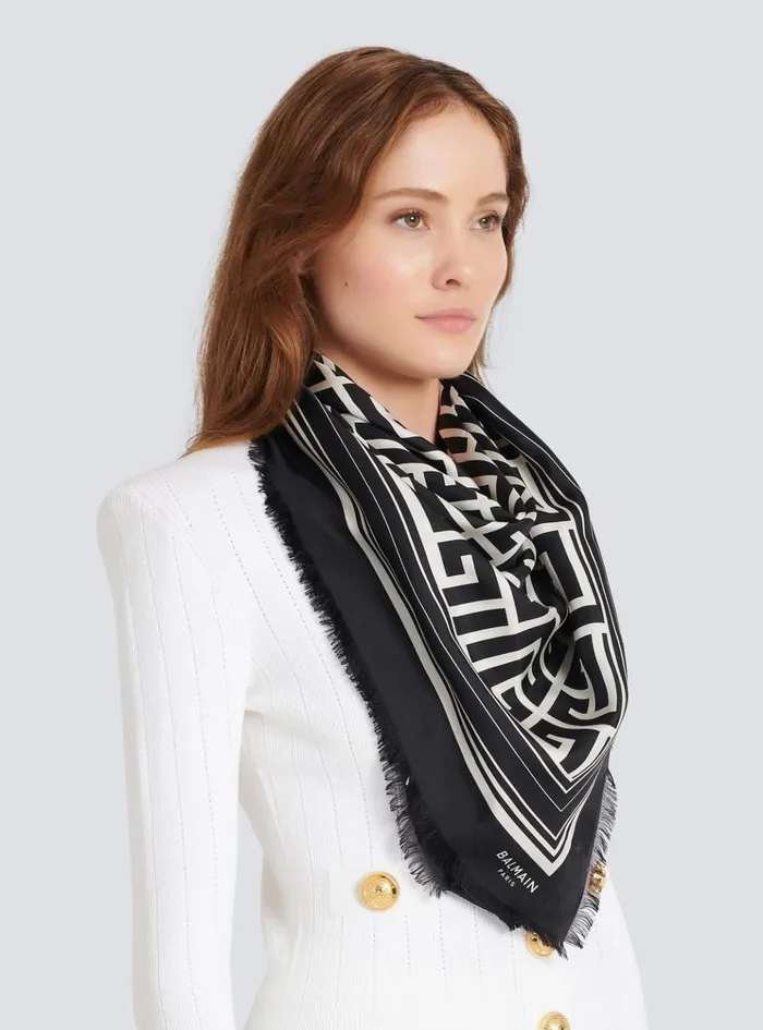 Silk Monogrammed Scarf Black Women Balmain Scarves