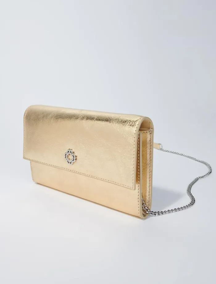 Small Leather Goods Women Maje Leather Clutch Bag With Chain Gold