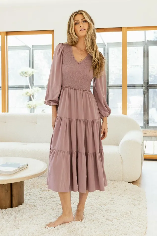 Smocked Tiered Midi Dress In Lavender Lavender Women Bohme Dresses