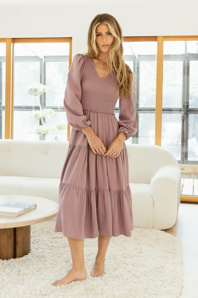 Smocked Tiered Midi Dress In Lavender Lavender Women Bohme Dresses
