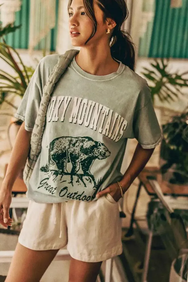 Smoky Mountain Graphic Tee Green Women Bohme Tees and Tanks