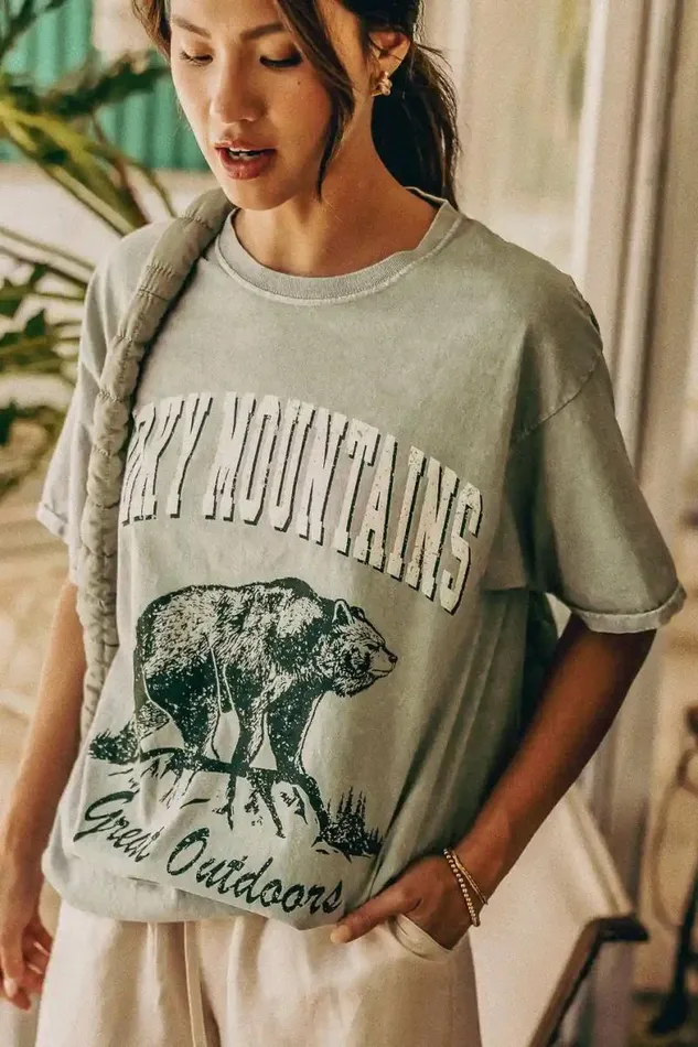 Smoky Mountain Graphic Tee Green Women Bohme Tees and Tanks