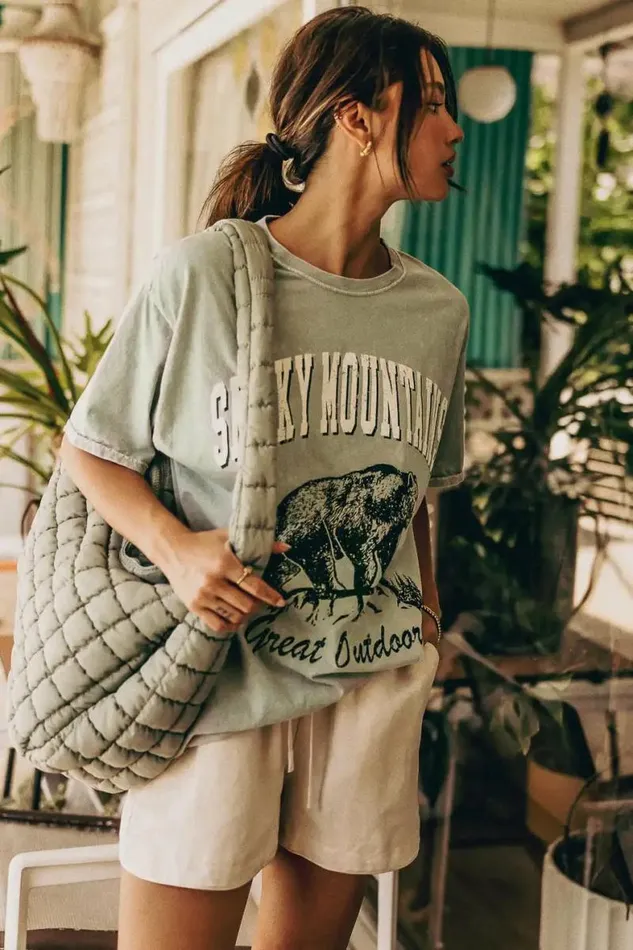 Smoky Mountain Graphic Tee Green Women Bohme Tees and Tanks